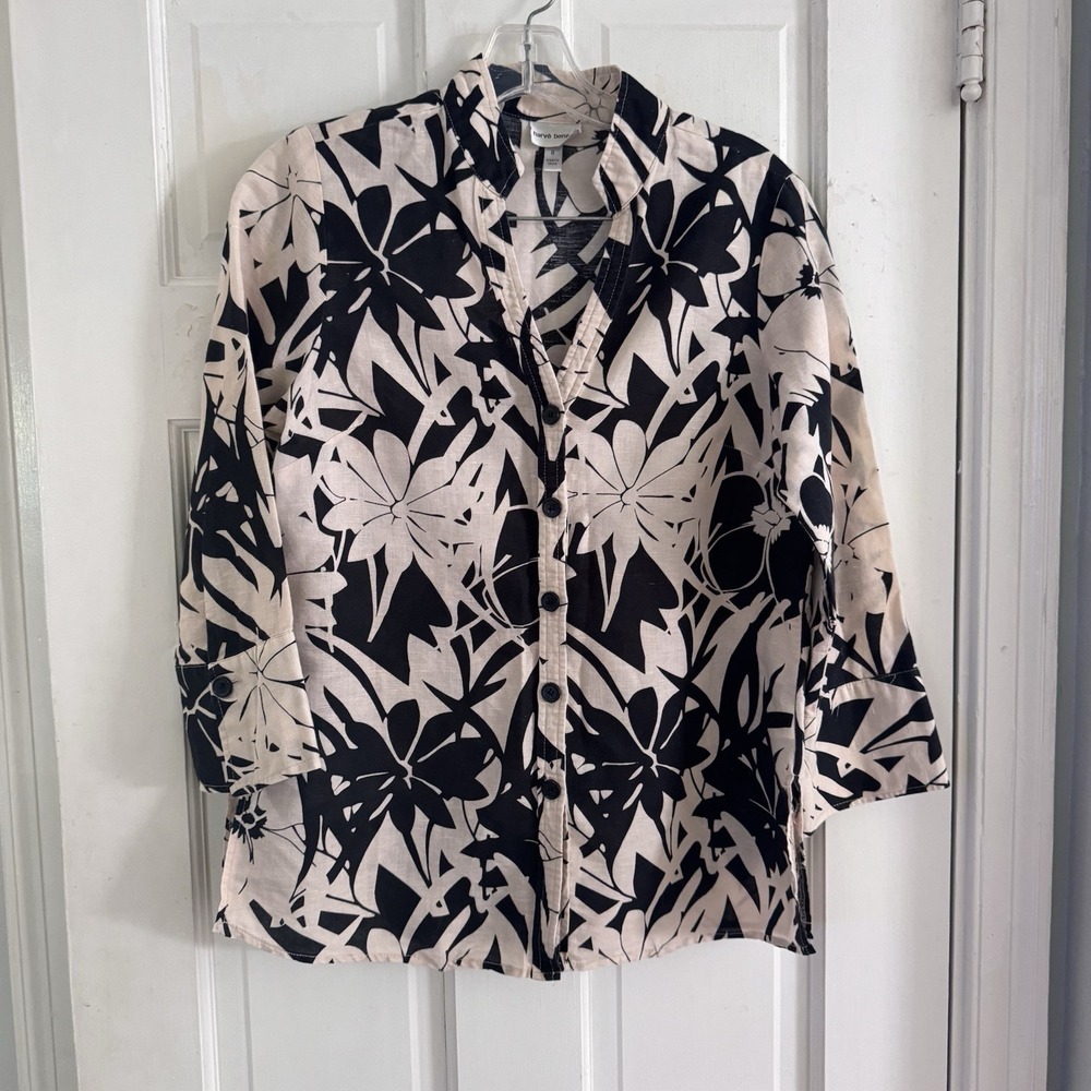 Harve Benard Women S Linen Blend 3/4 Sleeve Button Up Black White Floral Blouse - Picture 1 of 10